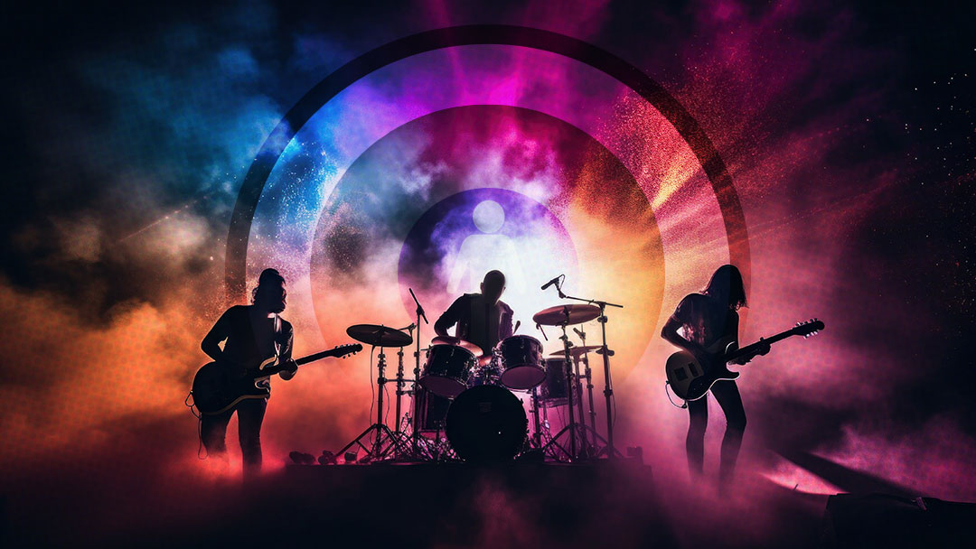 Silhouetted rock band performing on stage with a drummer center and two guitarists, surrounded by colorful stage lights?