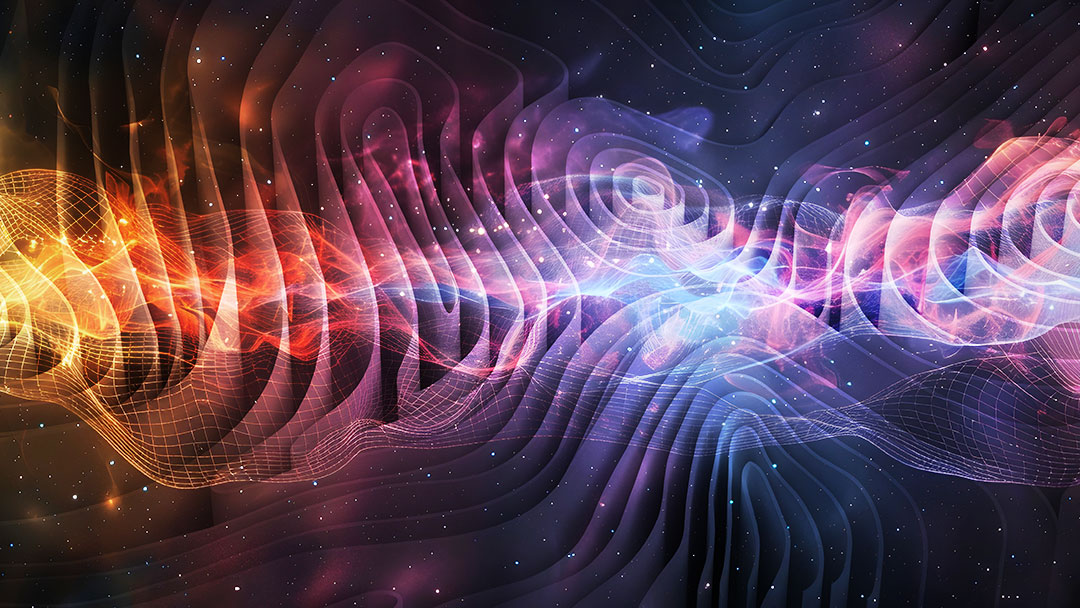 Abstract space scene with multicolored swirling wave patterns and glowing strands across a starry background.